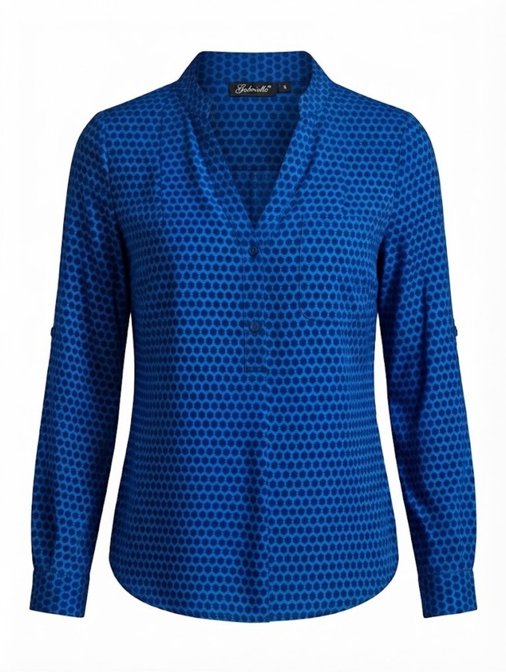 Candies Blue Geometric Print V-Neck Button-Down Roll Tab Sleeve Blouse Size Smal